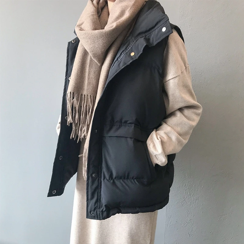 

Down Cotton Padded Loose Vest for Women Autumn Winter Windproof Warm Stand Collar Single Breasted Vest Jacket Oversize Waistcoat