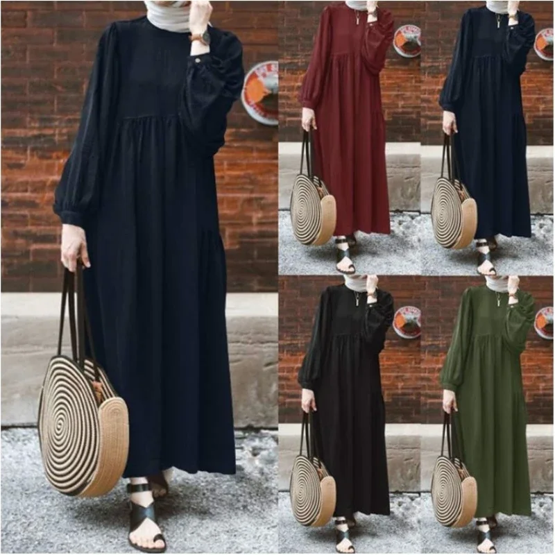 New Muslim Women's Wear Solid Color round Neck Lantern Sleeve Loose Casual Fashion Women's Clothing Dress prom dress
