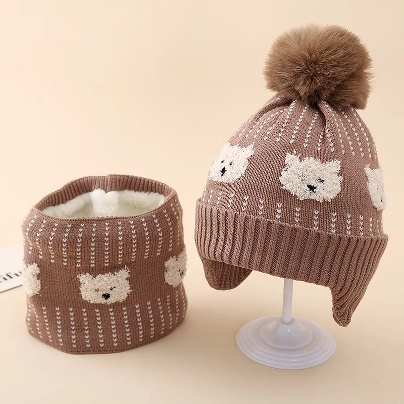 Winter Boys' Cartoon Jacquard Little Bear Knitted Hat Scarf Two Piece Set Children's Warm Velvet Ear Protection Hat