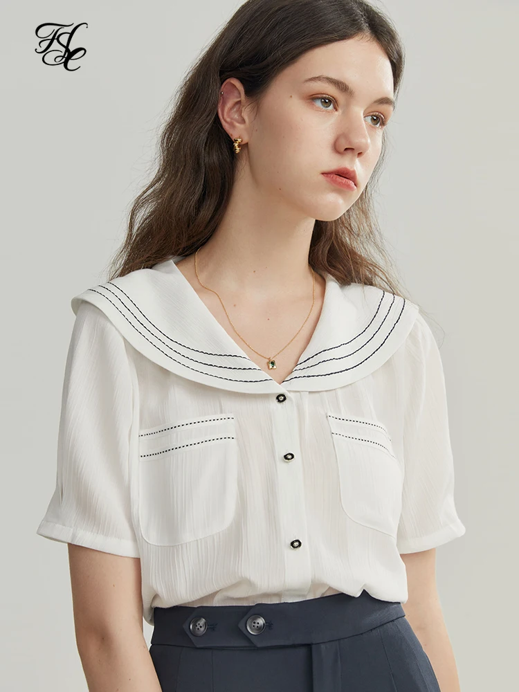 Fsle 2022 Summer Navy Collar Women Shirts Short Sleeve Loose Design