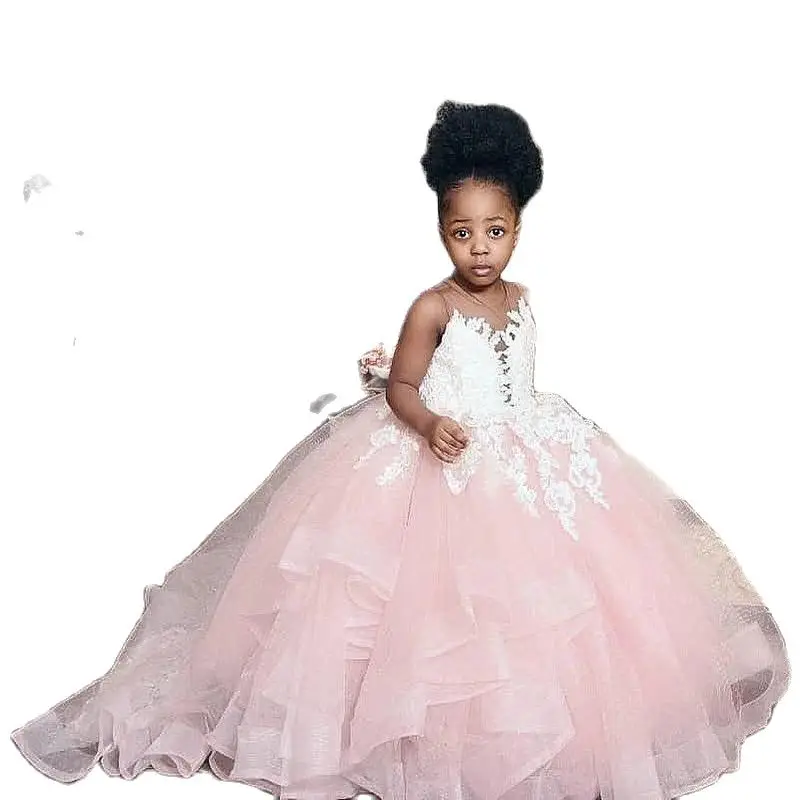 

Розовое кружевное платье с цветочным рисунком для девочек, с прозрачной горловиной, Пышное Бальное платье для свадьбы, причастия, конкурса, детские платья