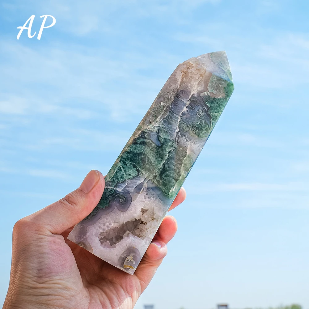 

Natural Crystal Large Size Moss Agate Point Wand Reiki Stone Crystal Column Energy Gemstone Polished Stone Home Decoration