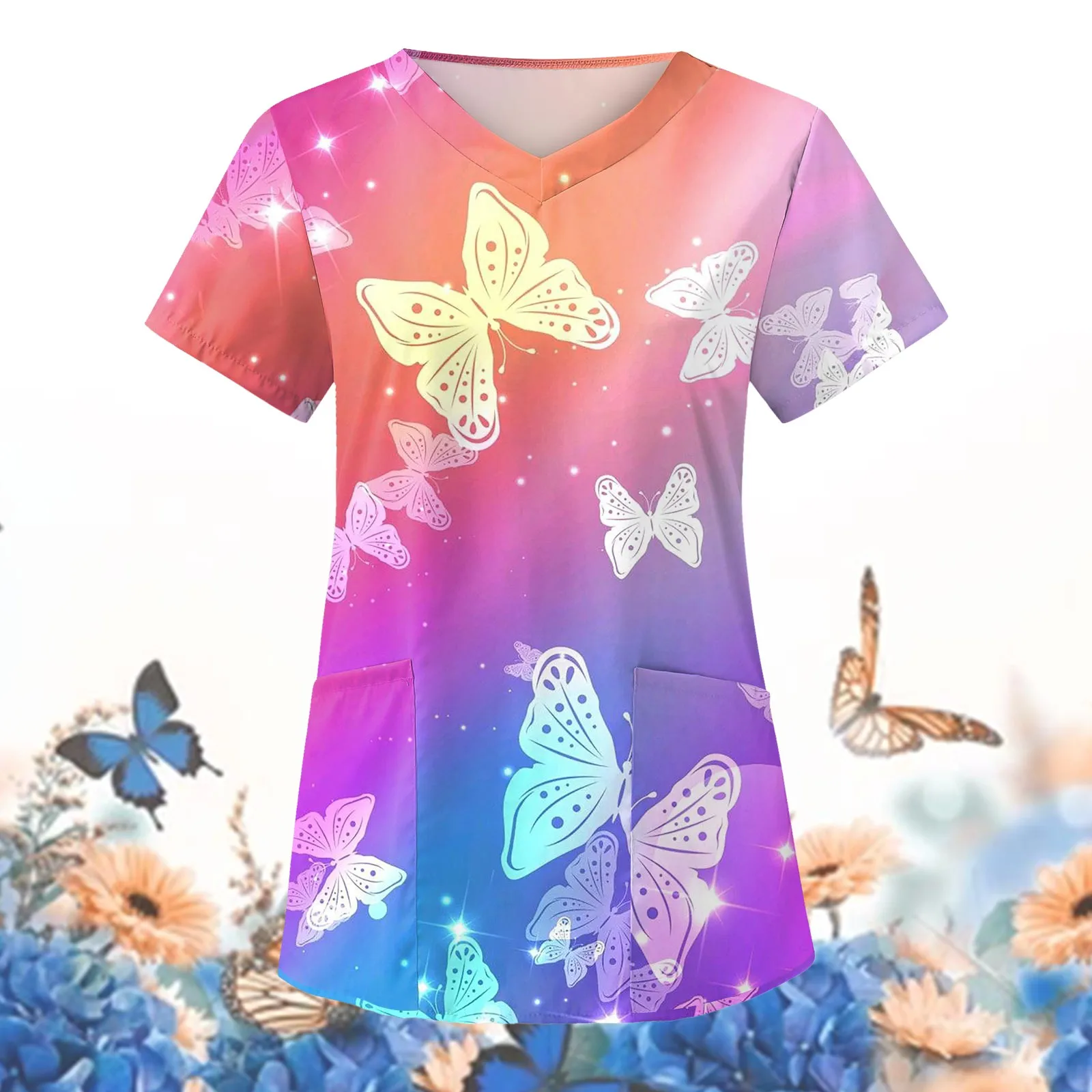 Nurse Uniform Women Short Sleeve Tops Working Uniform Blouse Butterfly Print Workwear Scrub Nursing Working Clothes
