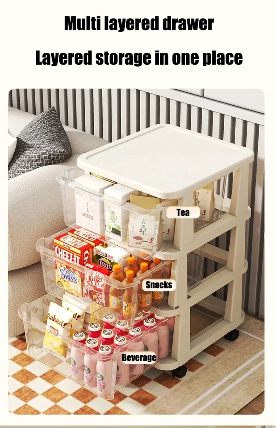 Description Picture 6 of itemDrawer Type Snack Rack Multi-Layer Plastic Handcart with Pulleys Movable Living Room Storage Cabinet Transparent Rolling Trolley