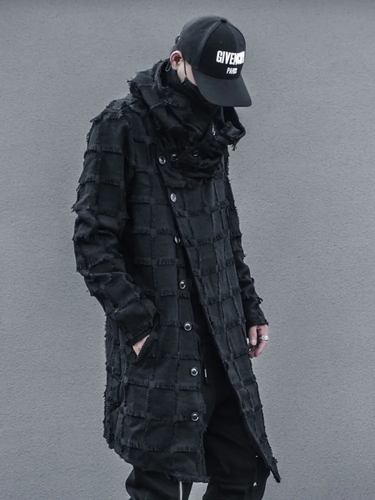 PFNW Men's Autumn New Windbreaker Darkwear Irregular Gothic Mid Length High Neck Scarf Hooded Tide Chic Trendy Punk Coat 12Z5072
