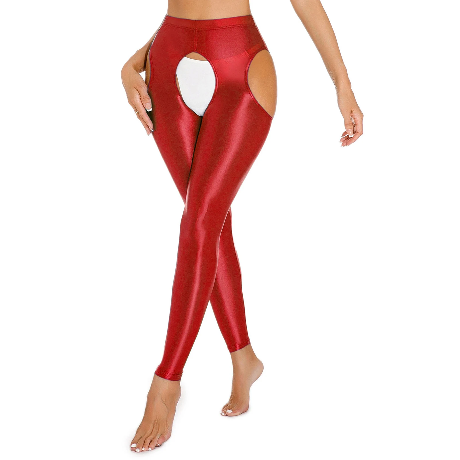 

Women's Spandex Cutout Leggings Glossy Hollow Out Open Crotch Skinny Trousers High Waist Elastic Tights Compression Pants Solid