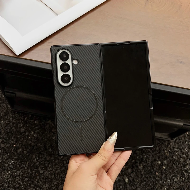 ELVEV Magnetic Luxury Carbon Fiber Pattern Leather Case with Wireless Charging Back Shell