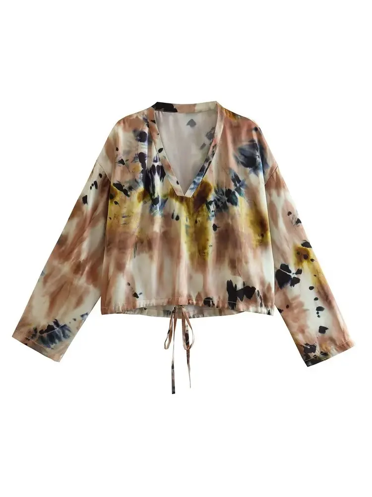 

ZXQJ 2023 модные женские блузки с регулируемой завязкой с принтом, винтажные женские рубашки с V-образным вырезом и длинным рукавом, блузки, шикарные топы