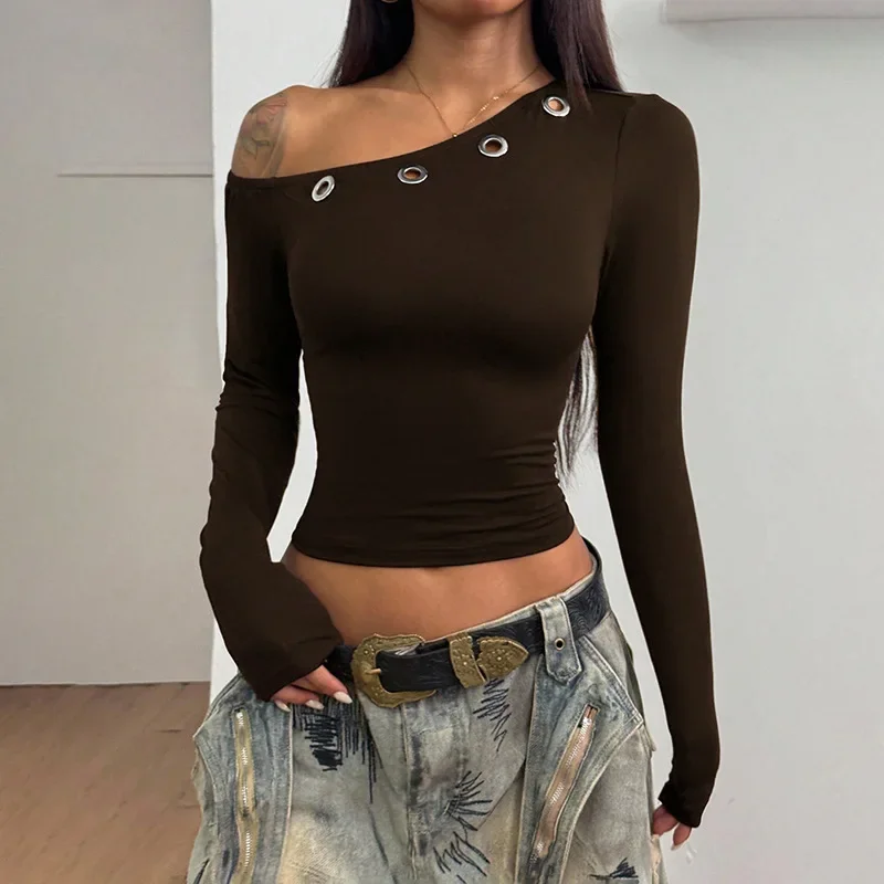 Spring and Autumn New Women's Slant Neck Off-Shoulder Buckle Long Sleeve T-Shirt Fashion Slim-fit Solid Color Pullover Short Top