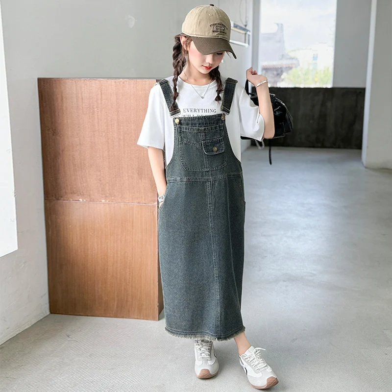 Kids Child Long Summer Denim Pinafore Dress for Girls Fashion - Main Image