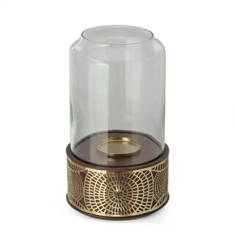 

Mango Wood Handcrafted Hurricane Candle Holder, Natural and Nickel