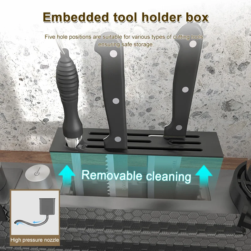 Stainless Steel Waterfall  Kitchen Sink Embossed Large Single-slot Multi-functional Sink With Drain On The Left Side 4