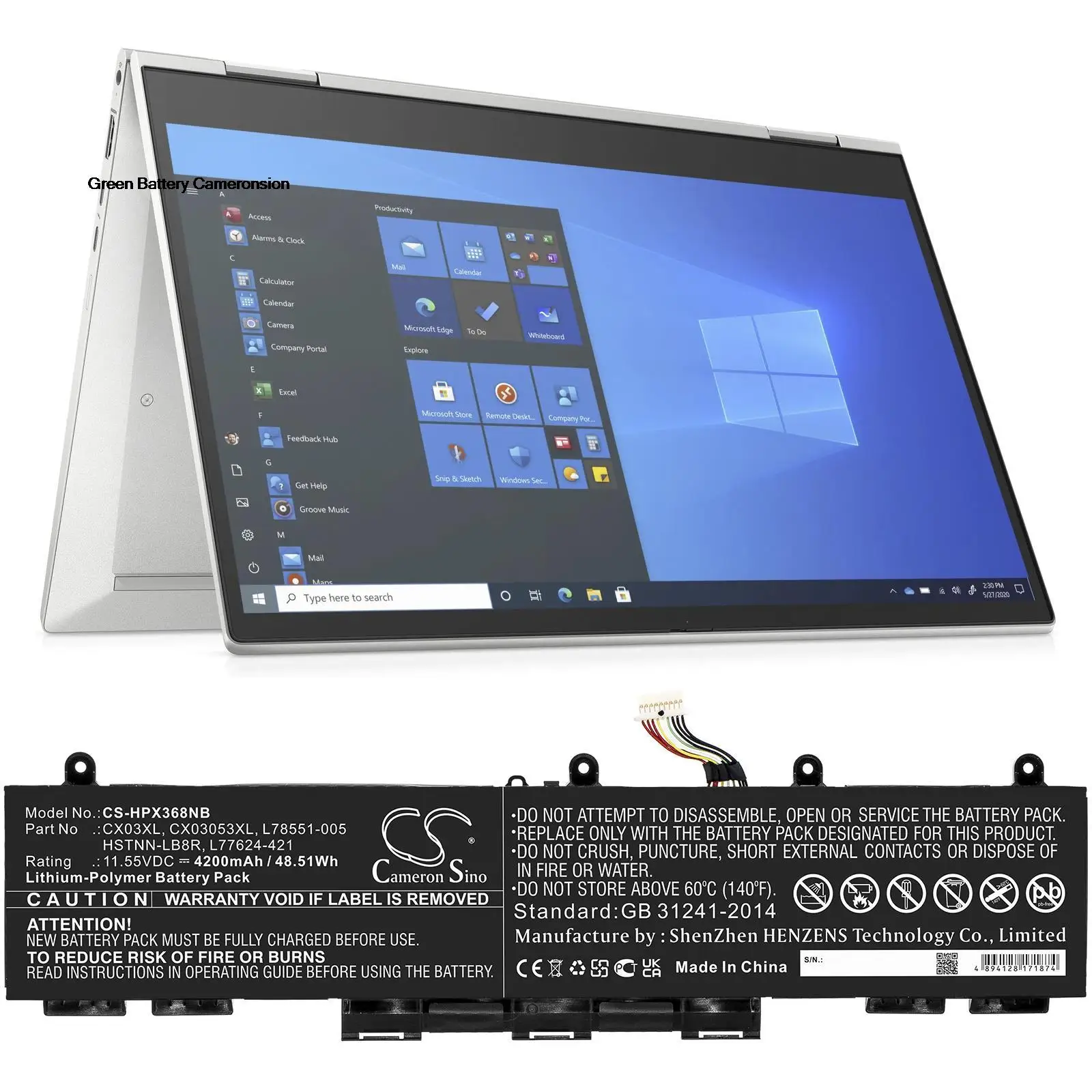 

GreenBattery CameronSino 4200mAh 48.51Wh 11.55V Notebook,Laptop Battery for HP EliteBook X360 830G7,CX03XL,HSTNN-LB8R,L77624-421