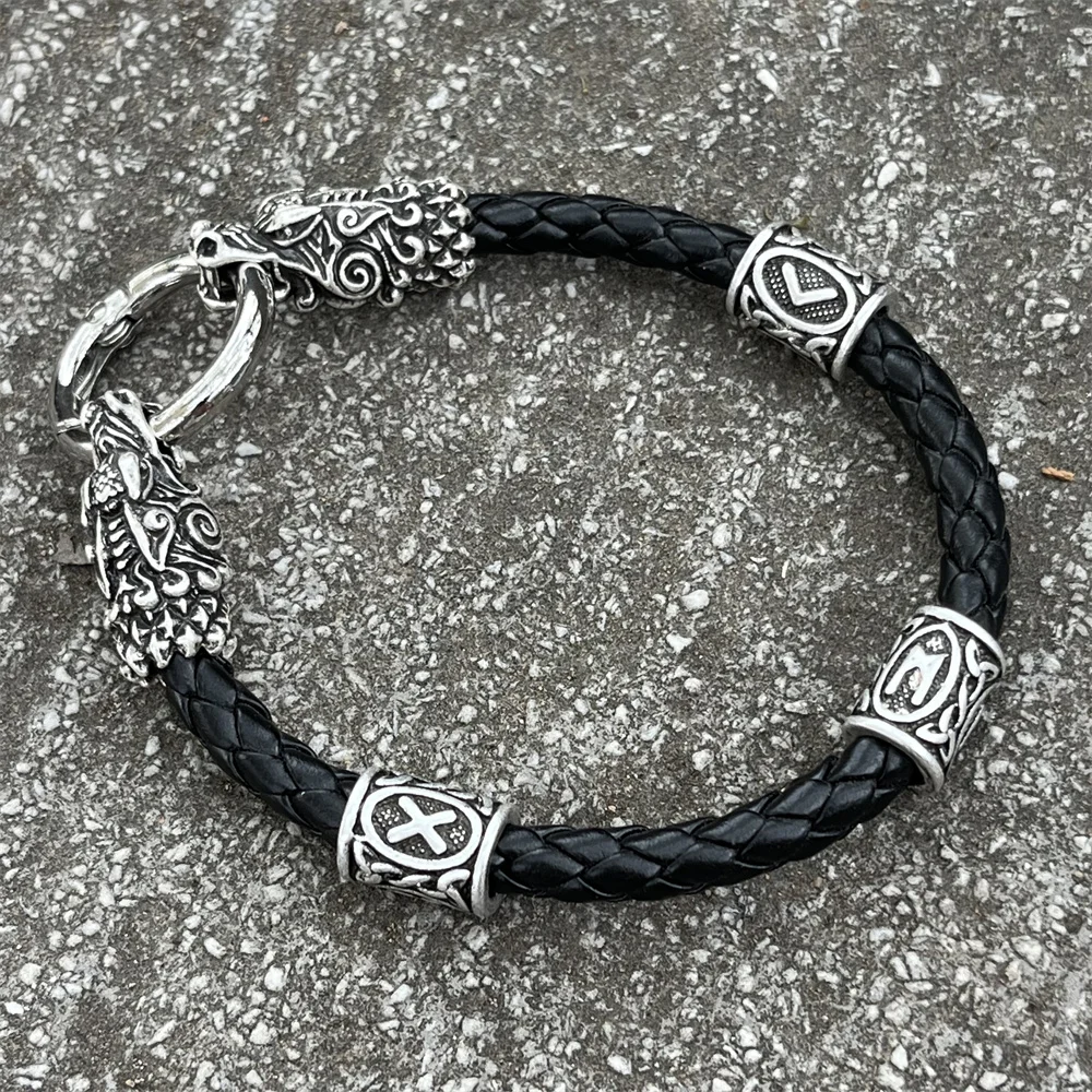 Viking Dragon Heads Nordic Runes Beads Diy Mens Womens Leather Bracelet Mythology Scandinavian Accessories Jewelry 2