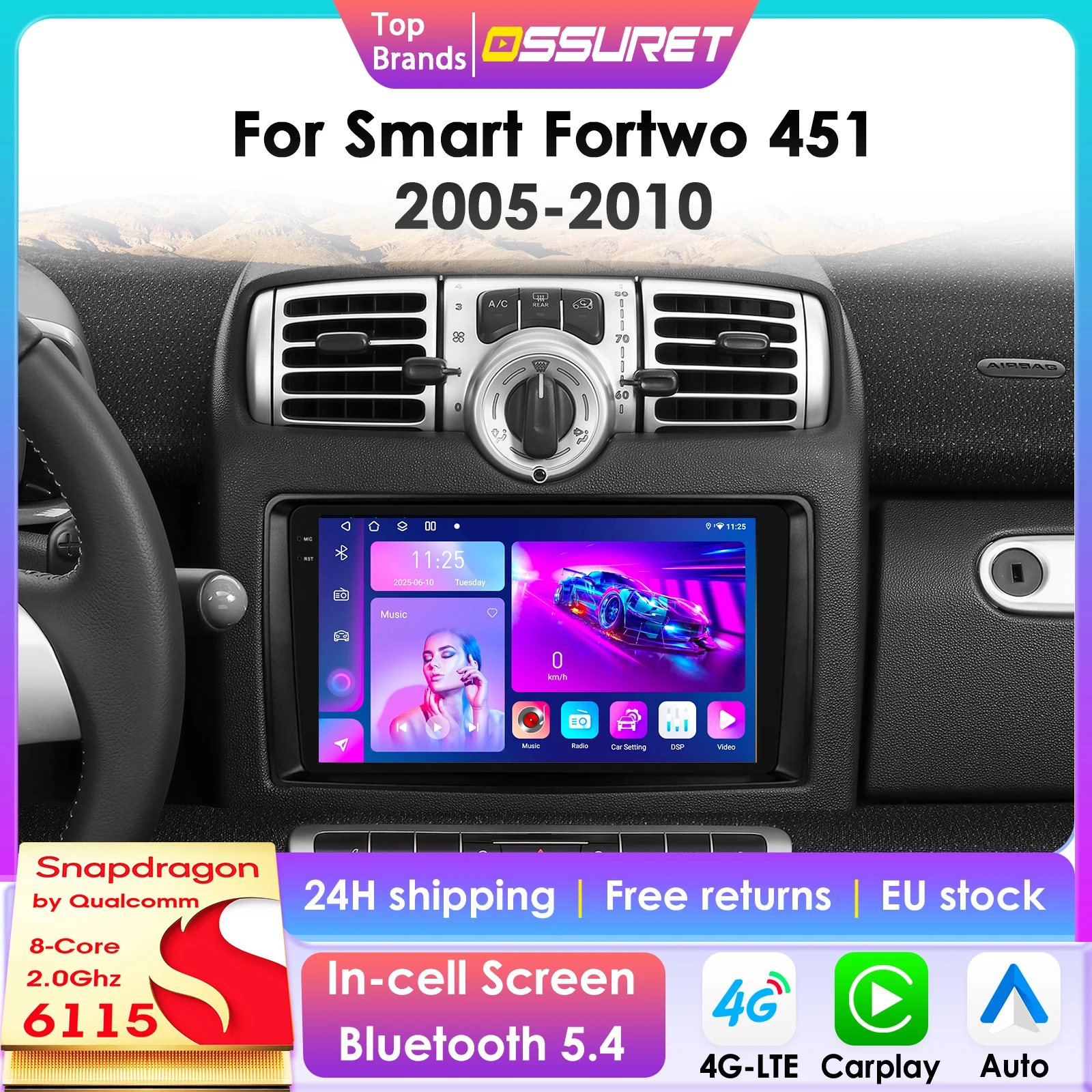 Radio samochodowe 2 Din z CarPlay i Androidem 12 do Smart Fortwo ), odtwarzacz multimedialny, nawigacja GPS, WiFi, 4G-LET, 7862