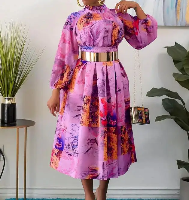 

Elegant Party Dresses for Women Round Neck Long Sleeved High Waisted Printed Versatile Dress 2023 Autumn Spring Fashion Casual