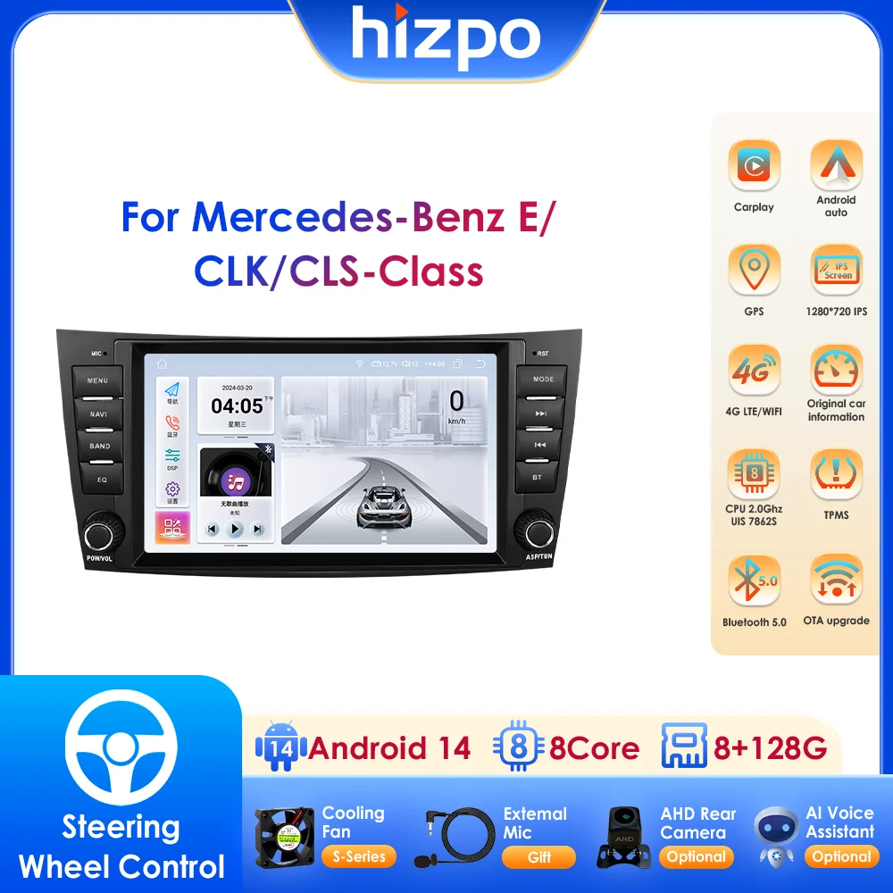 Hizpo 8 "2 Din Radio de coche Carplay para mercedes-benz Clase E W211 GLS W219 W209 W463 Android 14 reproductor Multimedia GPS RDS FM BT 4G 1