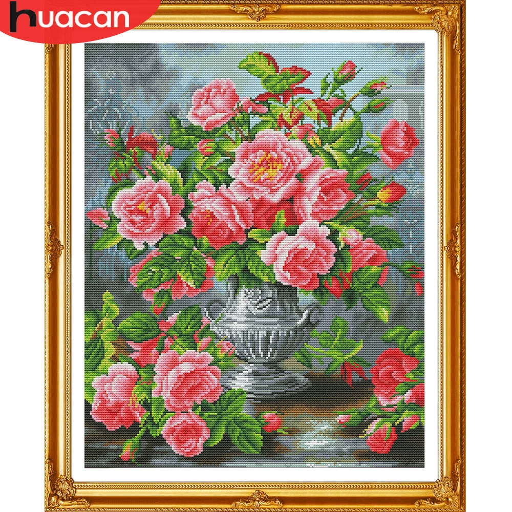 HUACAN Cross Stitch Embroidery Kits Flowers Cotton Thread Painting DIY Needlework 14CT Home Decoration cross stitch kit