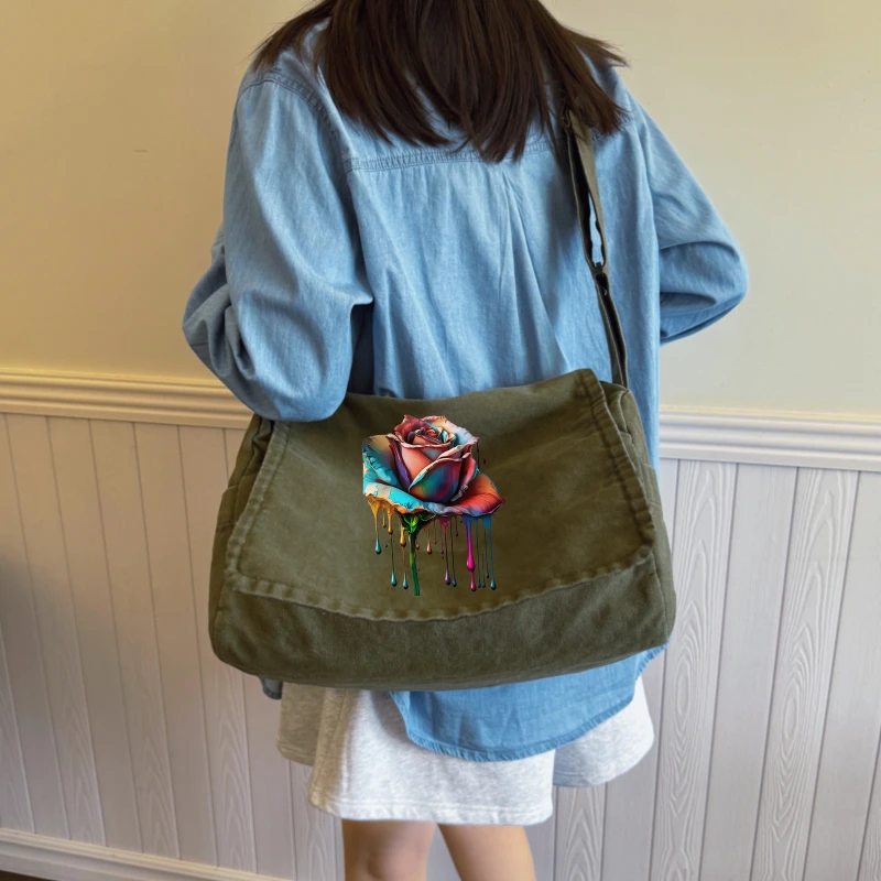 Artistic Women's Messenger Bag Canvas Rose Print Large Capacity Shoulder Bag for Daily Use Crossbody Bag