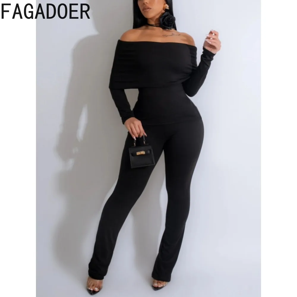 

FAGADOER Sexy Off Shoulder Long Sleeve Top + Skinny Pants Two Piece Sets Female Solid Color Matching Outfits Autumn Lady Clothes