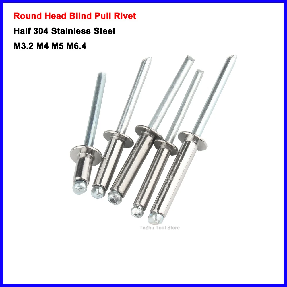 M3.2 M4 M5 M6.4 Round Head Rivet Pull Anchor Dome Head Blind Steel Shank Mandrel Exhaust Rivet Half 304 Stainless Steel