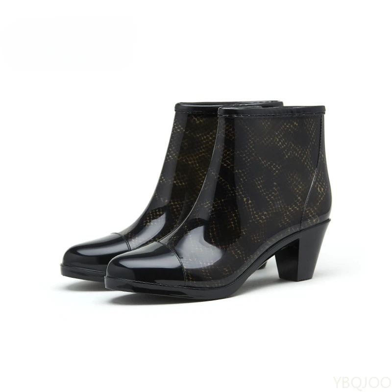 Ladies Chunky Heels Rubber Shoes Luxury Designer Rain Boots Women Waterproof Pvc Ankle Garden Work Boot Rainshoes Footwear