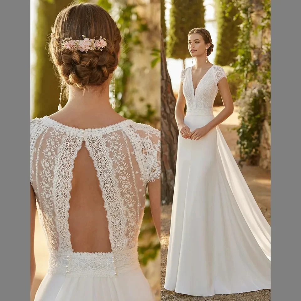 lvory Lace Satin V-Neck Modern Wedding Dresses With Detachable Train Cap Sleeves Floor-Length Bride Gowns Vestido De Noiva DC68