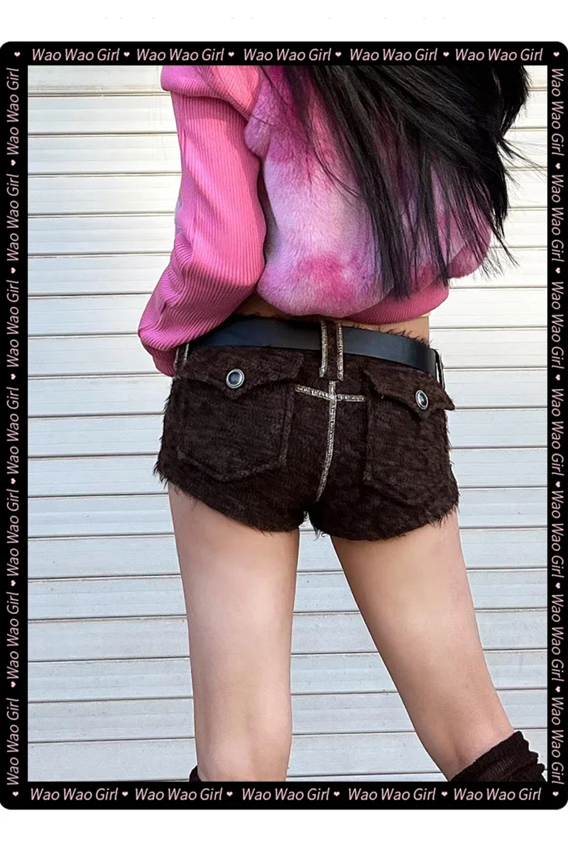 New 2023 Summer Shorts Women's Low Rise Hot Pants Goth Punk Cross Pockets American Design Sexy Shorts Coffee Furry Short Pant