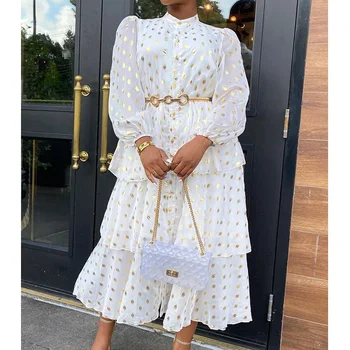 2023 eleganti abiti Midi con volant da donna stampa a pois bottoni a maniche lunghe abiti da ballo abito in Chiffon femminile in stile francese