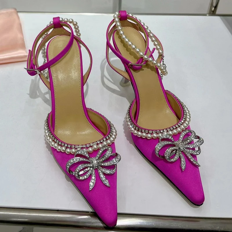 

Fuchsia Silk Metal rhinestone Bowtie Pearl Straps Cup Heel Sandals Women Crystal Beads Edges Pointed Toe Woman Wedding Shoes