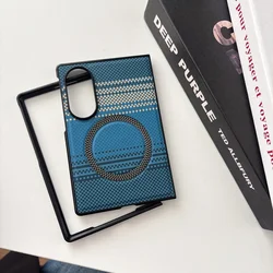 Color Blocking Woven Texture Slim Shockproof Phone Case with MagSafe Compatibility - Galaxy Z Fold4 (Deep Sea Blue)