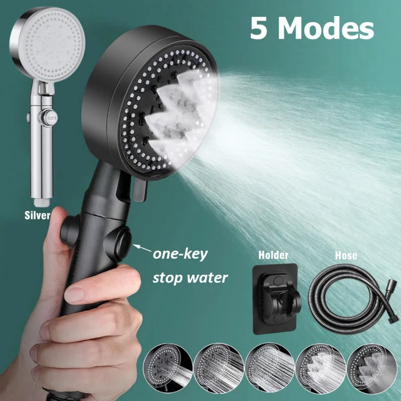 5 Mode Adjustable Shower Head One key Stop Water Handheld Bathroom