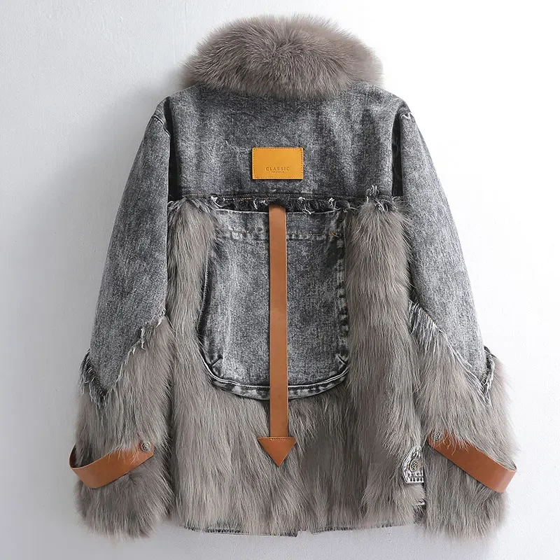 Fashion Korean Raccoon Fur Coats and Jackets Womens Clothing Autumn and Winter Fur Coat Denim Coat Fox Fur Collar Jackets Zm1121