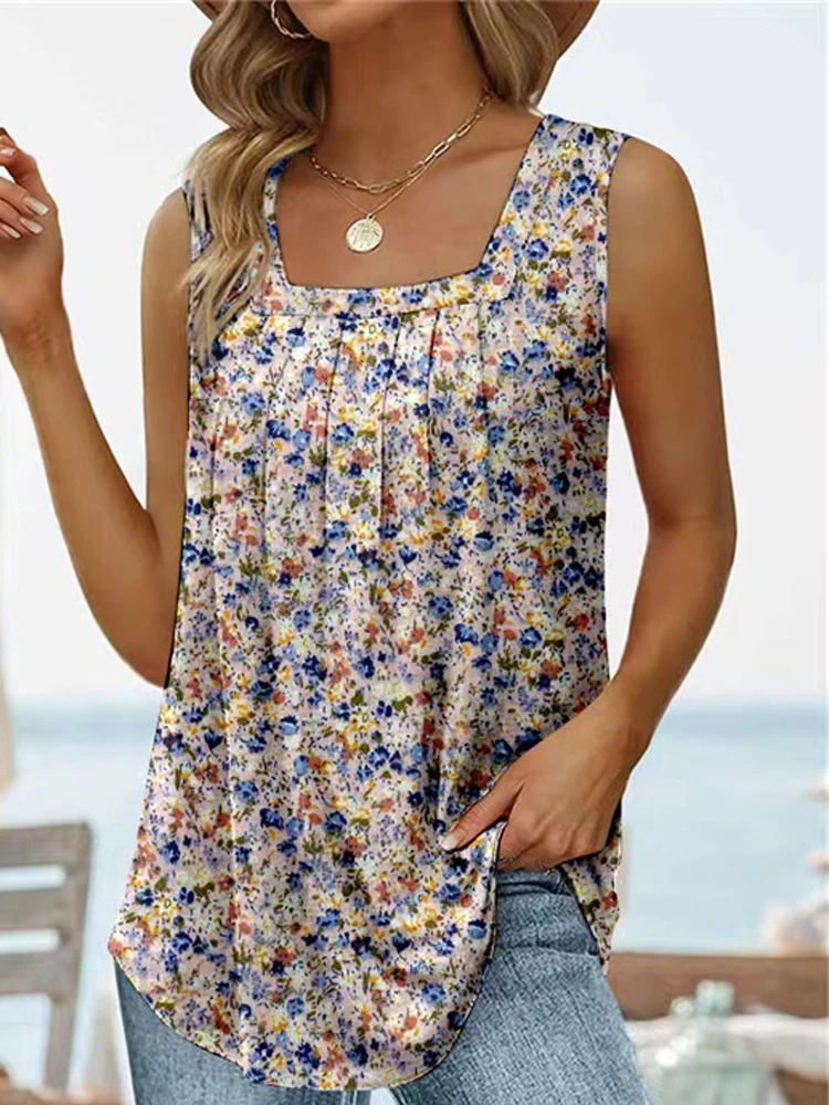 Women Floral Print Sleeveless Loose Fit Summer Vest Top