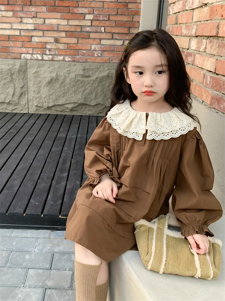 

Girls Casual Dresses Children Clothing Lace Turn Down Collar New Long Sleeved Princess Completed Korean Soild Puff Sleeve