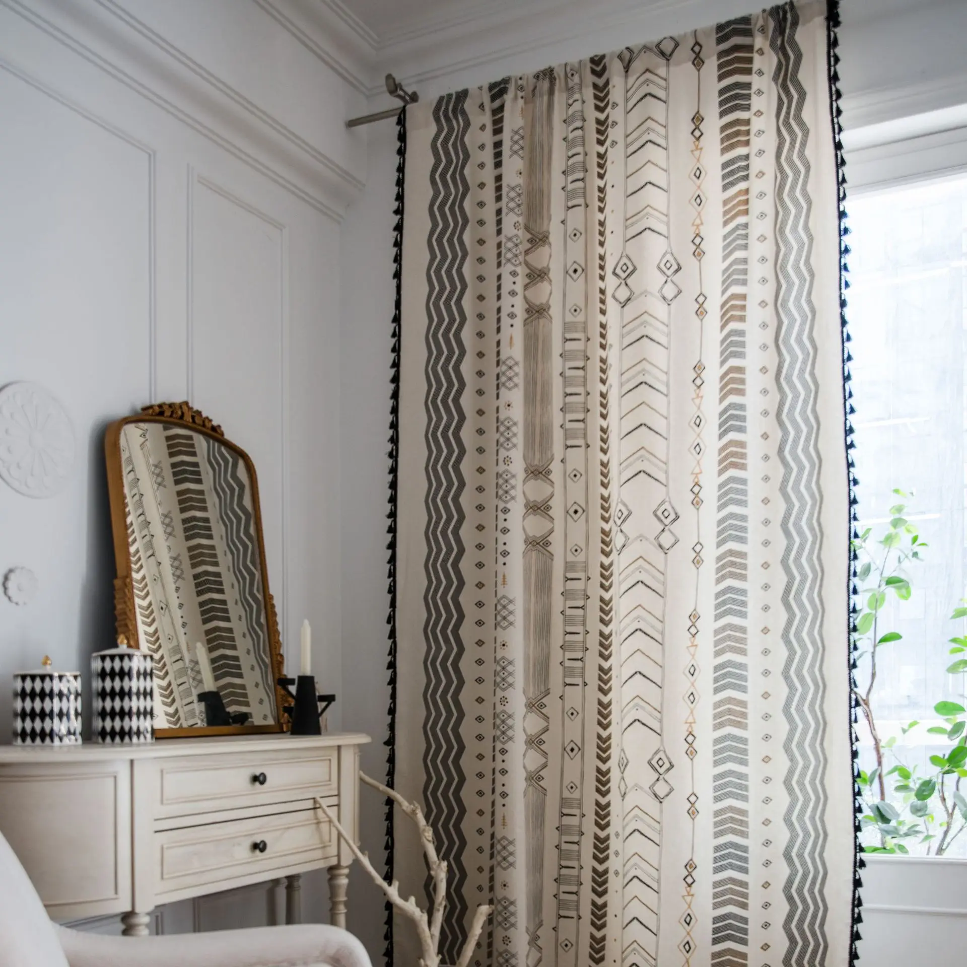 

Boho Geometry Cotton Linen Curtain Thick with Tassels Curtains for Living Room Drape Kitchen Valance for The Luxury Living Room