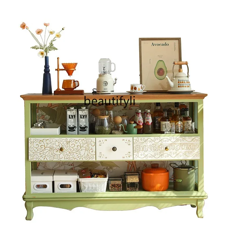

American Vintage Engraving Green Sideboard Cabinet Pastoral Style Living Room Small Apartment Entrance Curio Cabinet