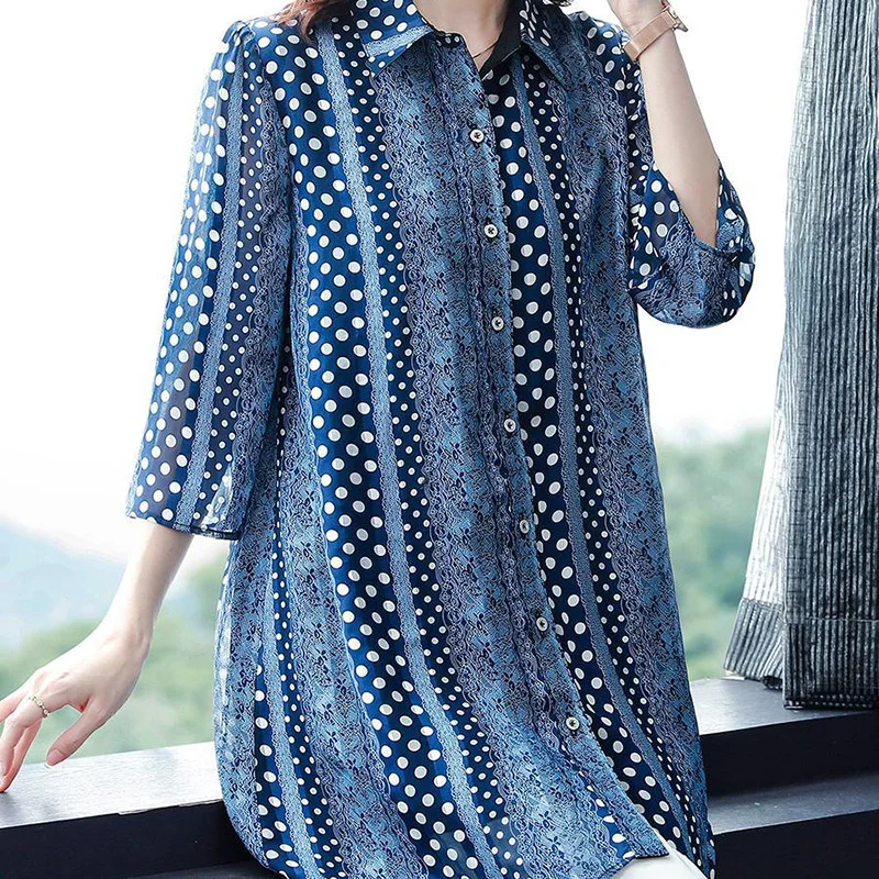Vintage Printed Polka Dot Loose Chiffon Shirts Women's Clothing 2024 Spring Summer New Oversized Casual Tops All-match Blouses