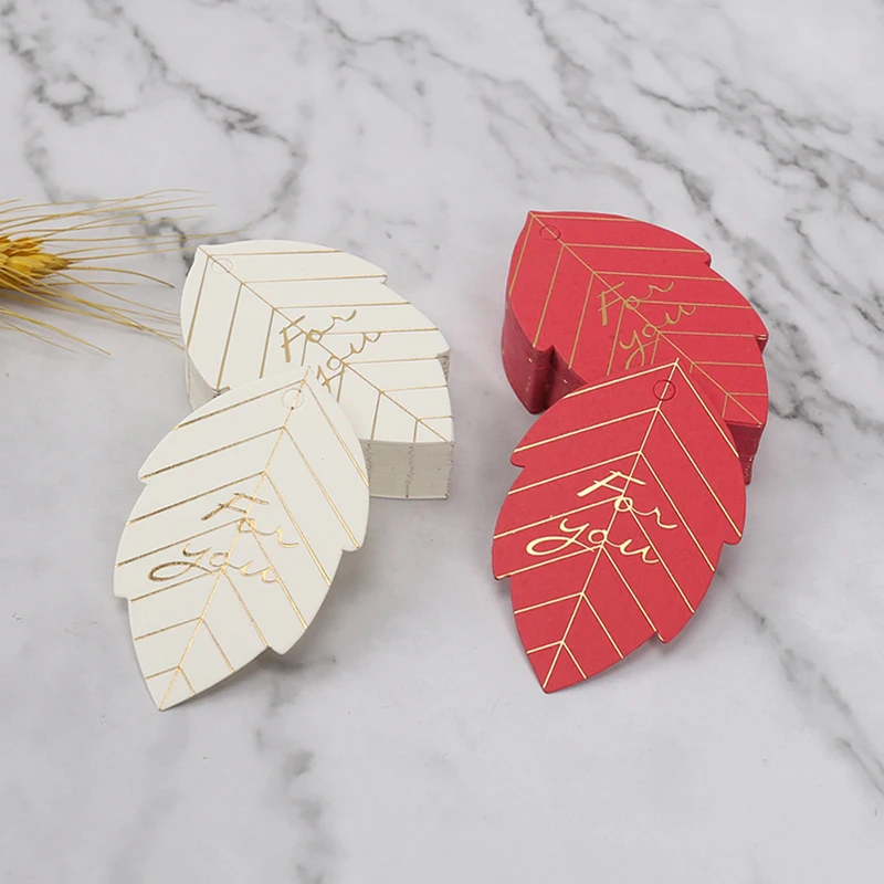 50Pcs Gold Foil Leaf Shape Thank You Hang Tag 4.5x7cm Birthday Cake Baking Tag for Wedding Party DIY Craft Paper Decoration