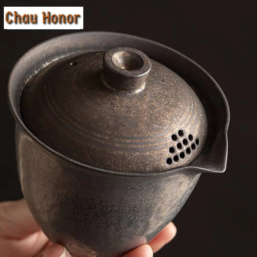 200ml Handmade Iron Rust Glaze Gaiwan Hand Grab Pot Japanese Rough Pottery Tea Tureen Tea Maker Cover Bowl Teaset Collection