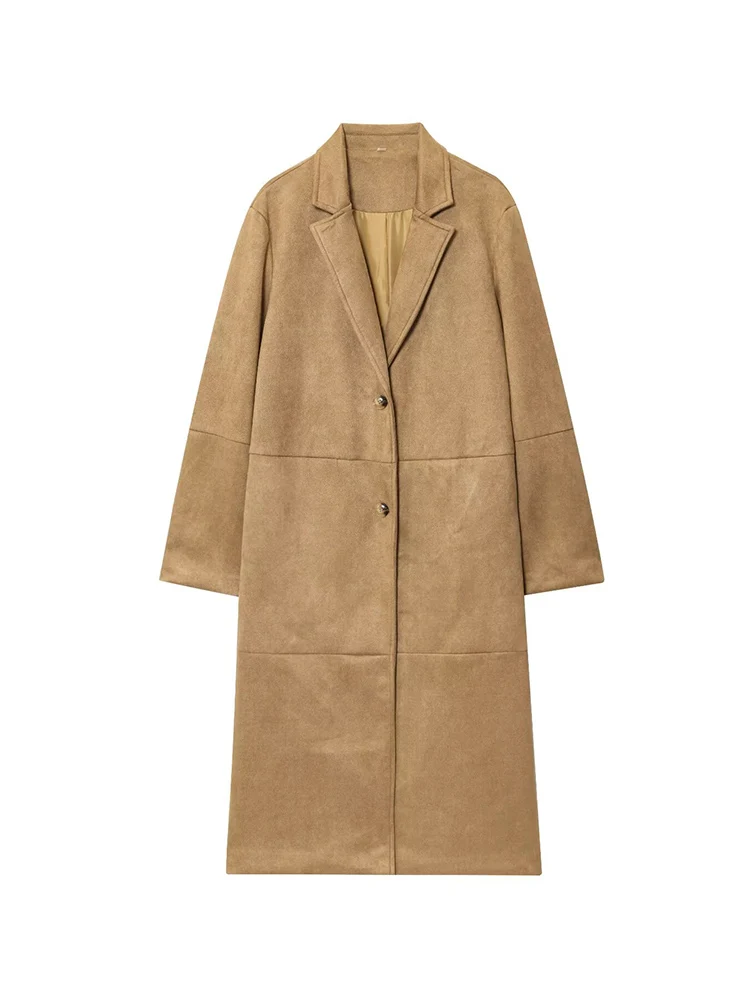Women Retro Suede Trench Coat Autumn Winter Fashion Single Breasted Loose Long Sleeve Jacket Old Money Style Lady Long Coat