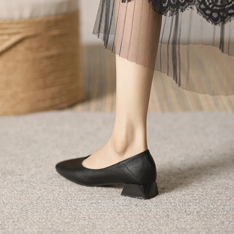 Mujer elegante punta cuadrada conciso negro 4CM tacón alto mujer poco profunda Retro Mary Janes cómodos lindos mocasines zapatos Lolita
