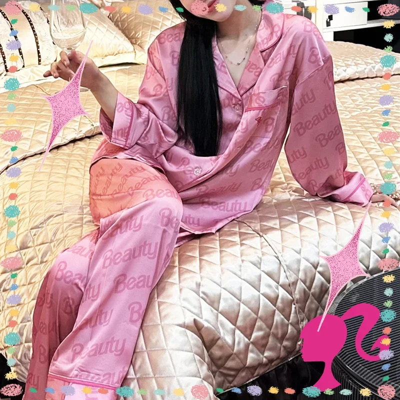 

Barbie New Pajamas Kawaii Silk Smooth 2Pcs Long Sleeve Shirt Soft Stylish Cute Home Clothes Fashion Movie Lovely Y2K Girls Gifts