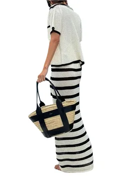 Women Crochet Cover Up Skirts Elastic High Waist Striped Contrast Color Knit Long Skirts Beachwear 2