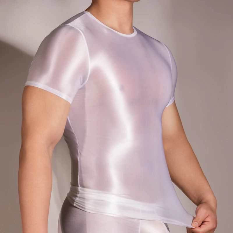 Mens Glossy T-shirt Top Oil Shiny ShortSleeve Slim Fit Gym Yoga Sport Tight Tee Sportwear Transparent Rave Party Clubwear