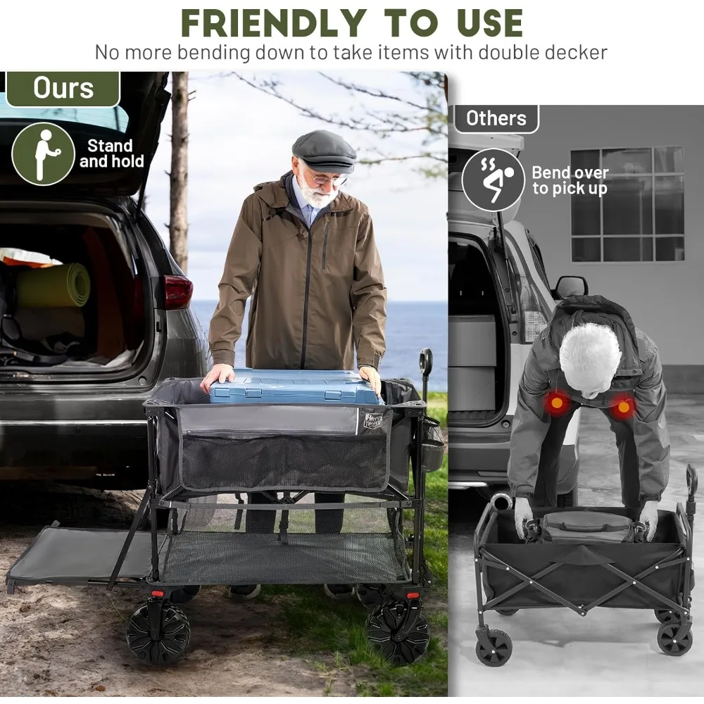 TIMBER RIDGE 400L Large Capacity Folding Double Decker Wagon, 54" Extra Long Extender Wagon Cart, 450lbs Heavy