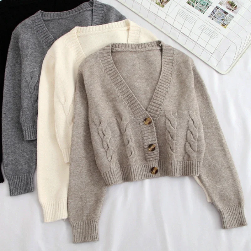 

V Neck Cropped Cardigan Women Long Sleeve Twist Knitted Sweater Coats Autumn Winter Keep Warm Korean Fashion Jacket Cardigan