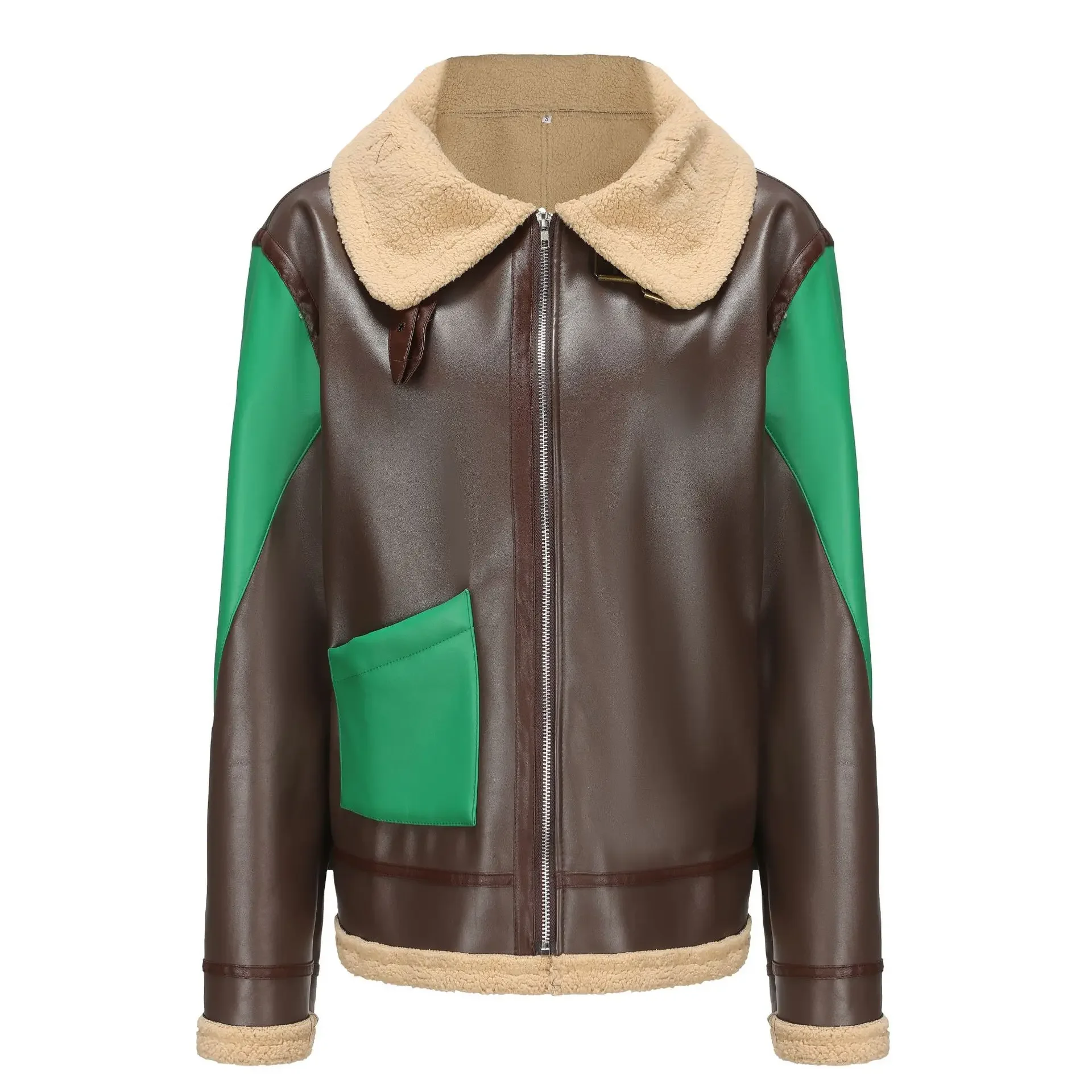 

2023 Winter Men's Fur One Piece Thickened Contrast Coat Leather Coat European and American Contrast Coat