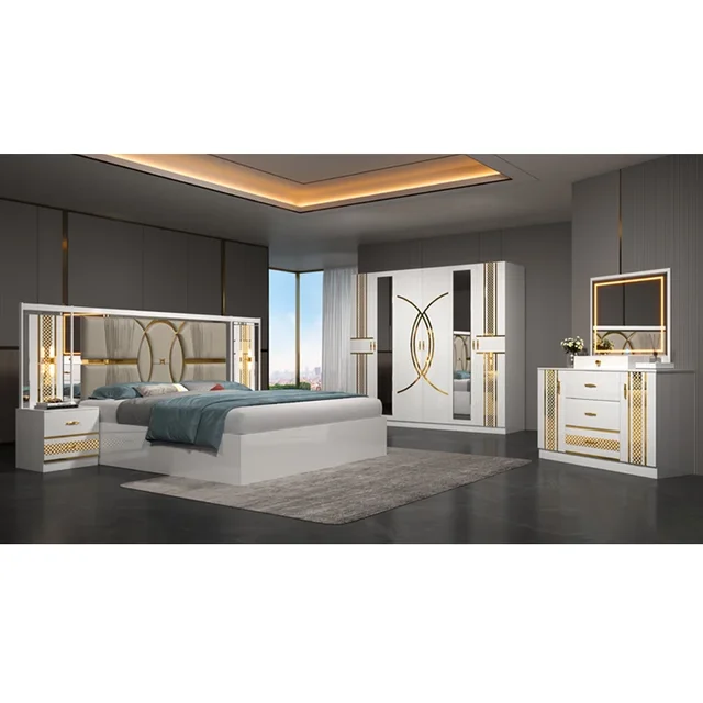 Suite de chambre de luxe avec lit + armoire + commode à bordure dorée géométrique 1