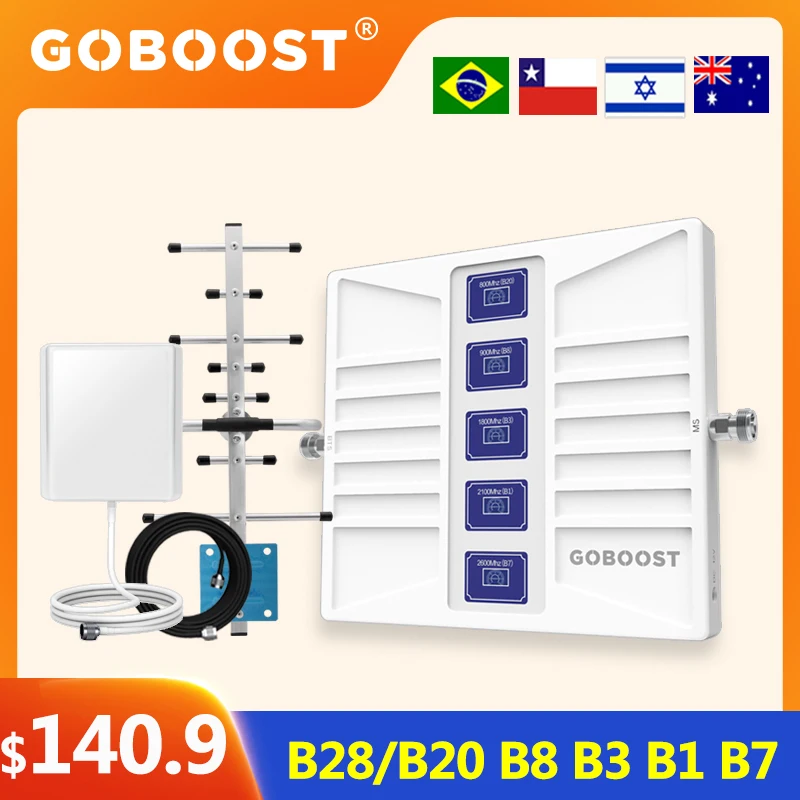 

GOBOOST 5 Band Signal Booster 800 900 1800 2100 2600 700 850 1900 2G 3G 4G LTE GSM Cellular Amplifier Network Reapeater Kit